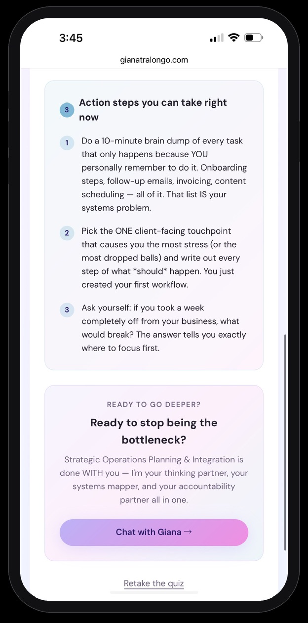 Action steps and next-step CTA screen