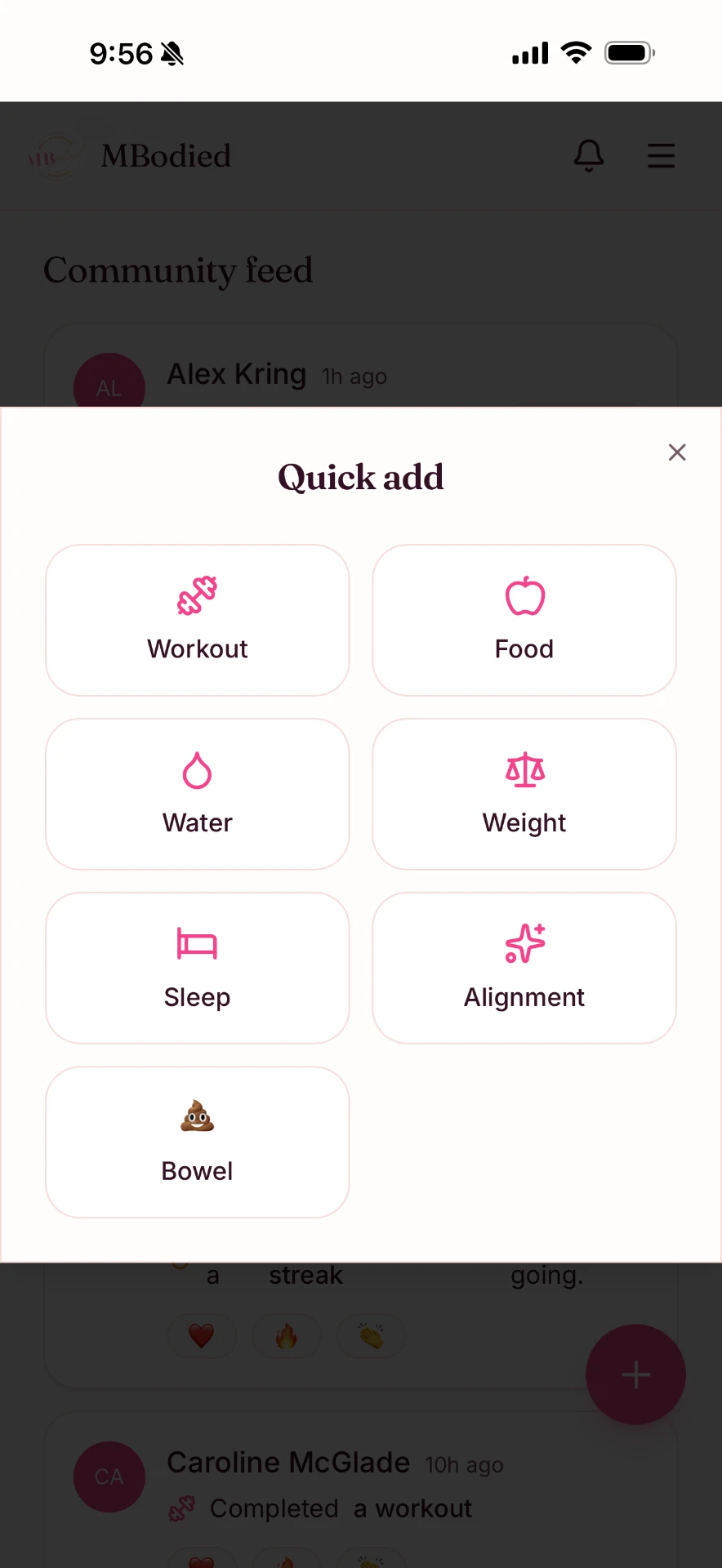 MBodied quick add logging sheet