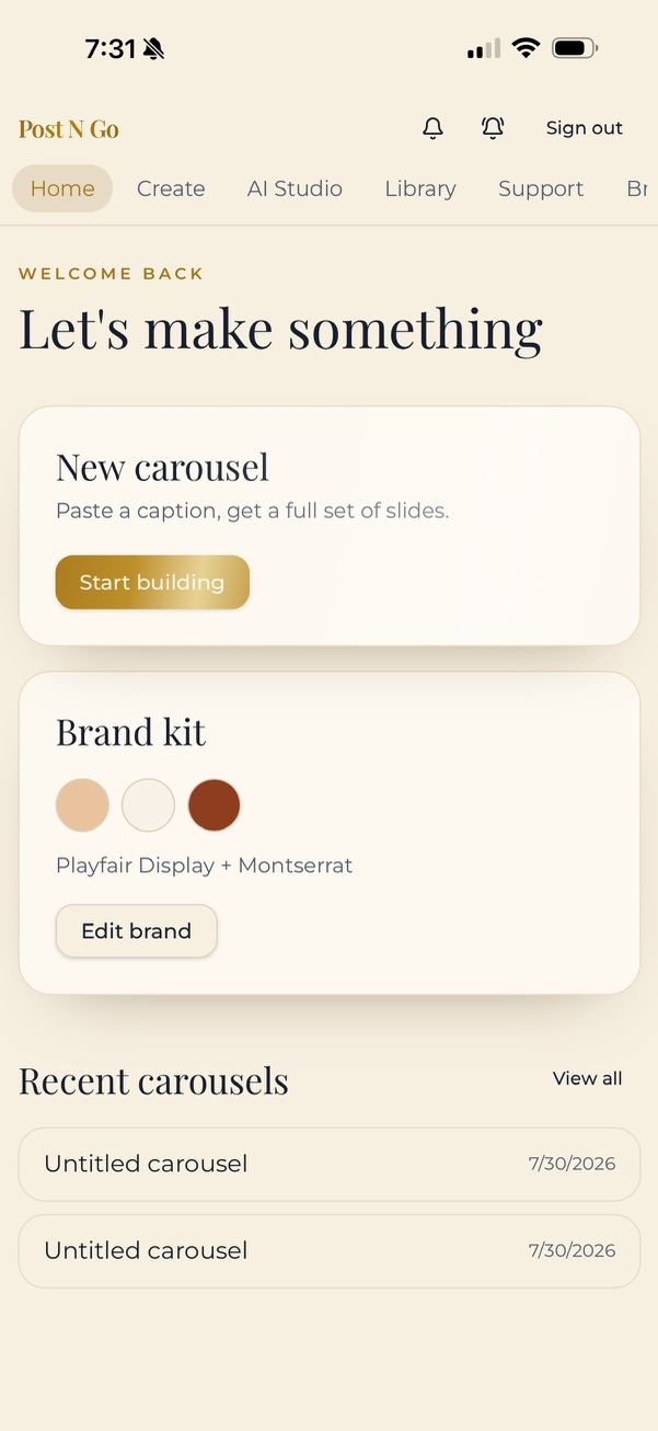 Post N Go home screen with new carousel and brand kit cards