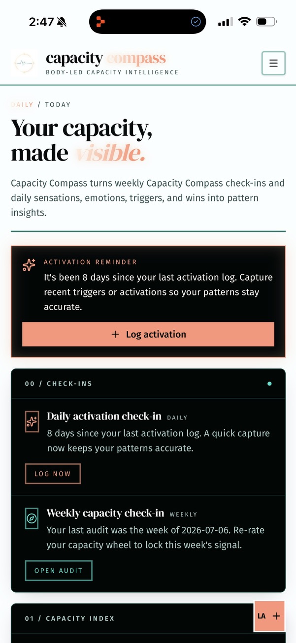 Capacity Compass daily dashboard with activation reminder and check-ins