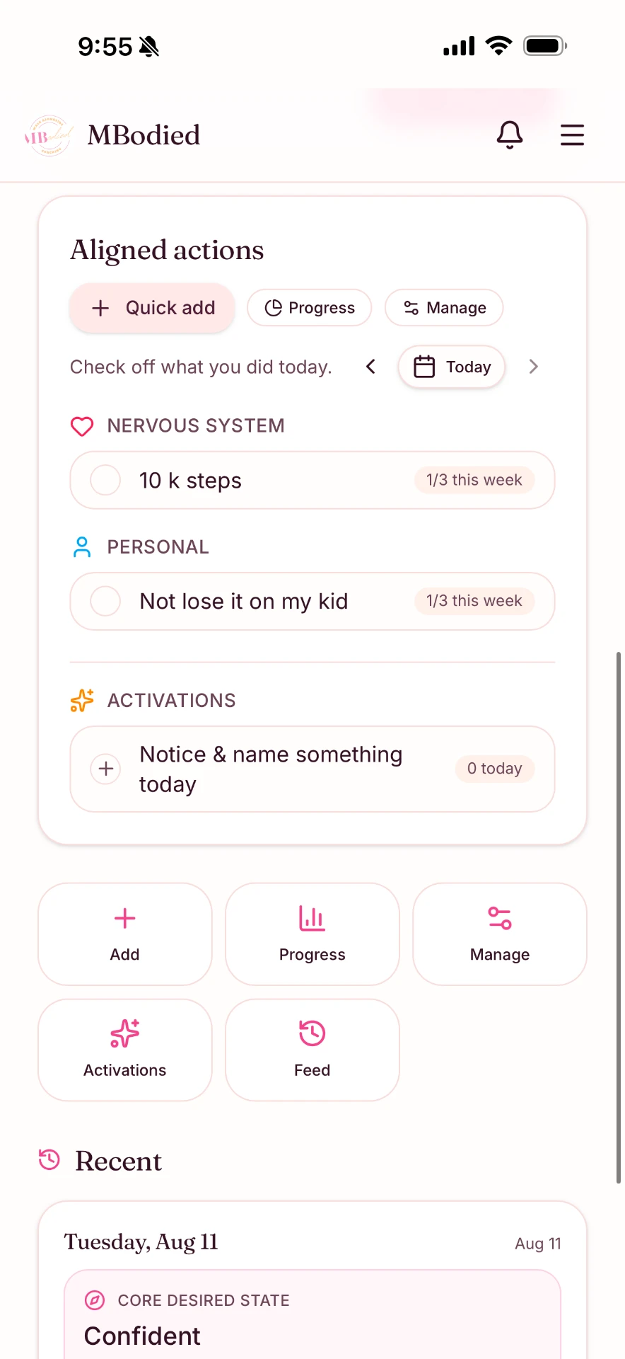 MBodied aligned actions check-off screen
