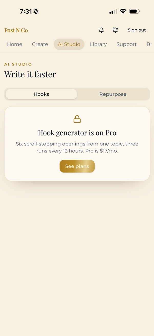 Post N Go AI studio with hook and repurpose generators