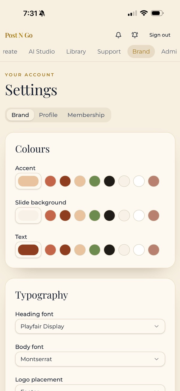 Post N Go brand settings with color and typography controls